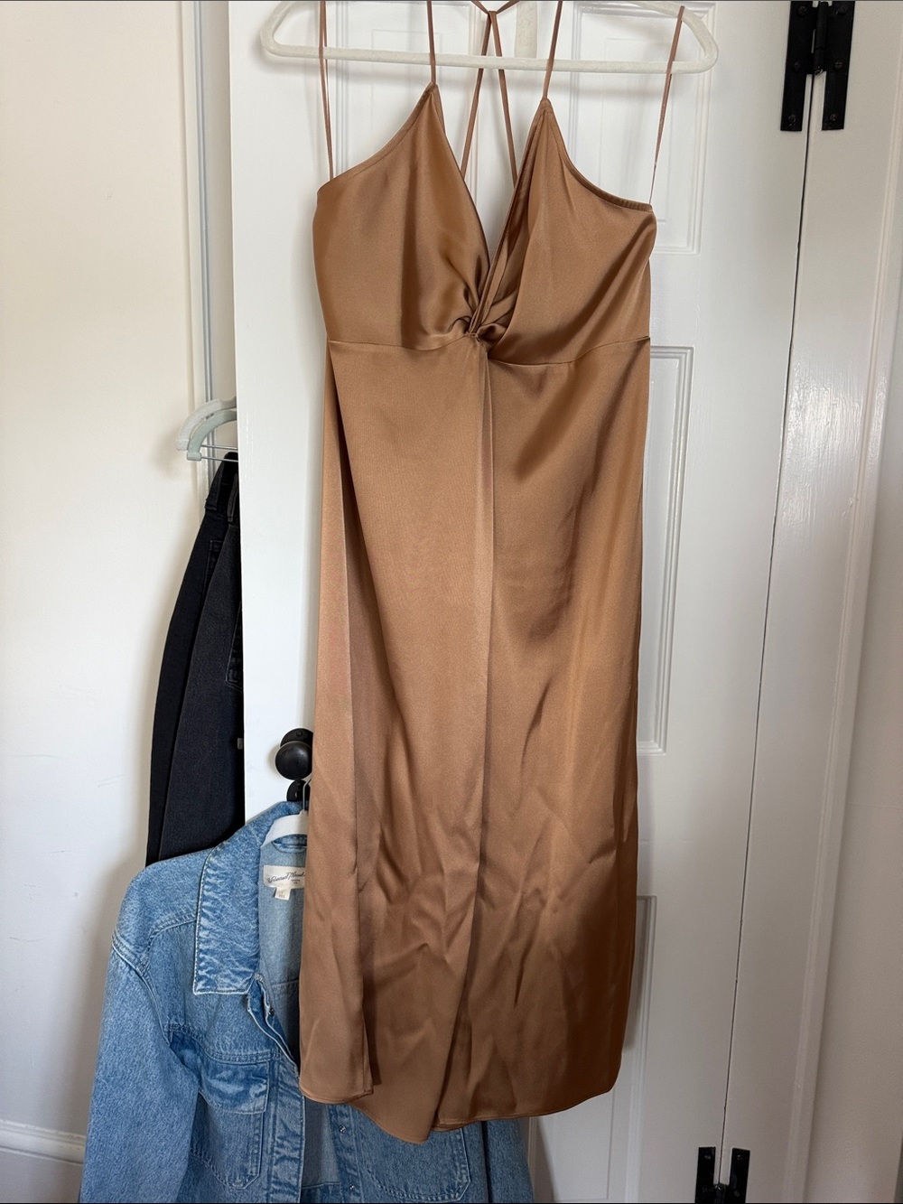 Express Camel Brown Satin Midi Slip Dress with Twist Front